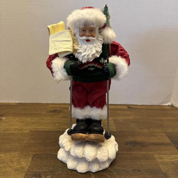 Paper Mache Vintage Santa On Skis 11” Christmas Figurine Heavy Base Rare!